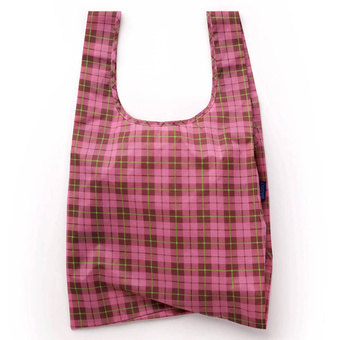 A reusable recycled ripstop nylon shopping bag with a pink and lime green tartan pattern, shown against a plain white background.