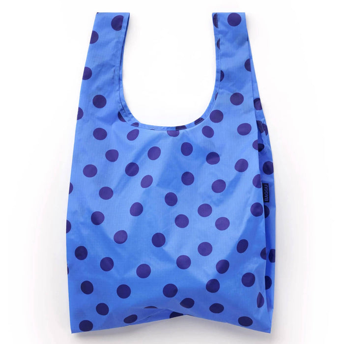 A reusable recycled ripstop nylon shopping bag in bright blue with a dark blue polka dot pattern, shown against a plain white background.