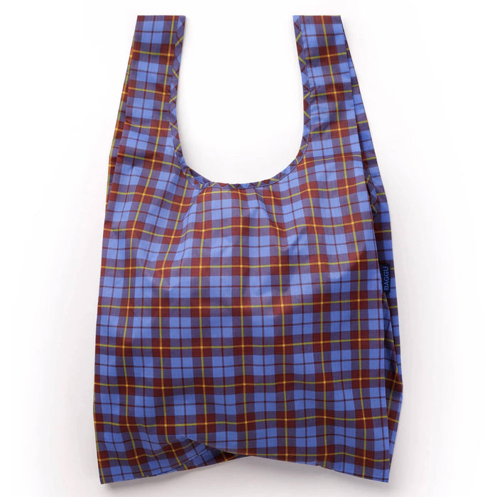 A reusable recycled ripstop nylon bag with a blue, red, and yellow tartan pattern, photographed against a plain white background.