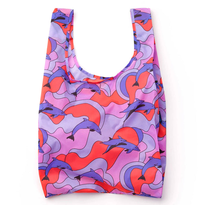 Baggu reusable shopping bag with a colorful dolphin design on a white background.