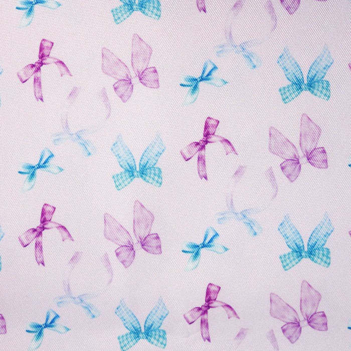 This printed WPC-Lite consists of a variety of styled bows in blue, turquoise, purple, and magenta.