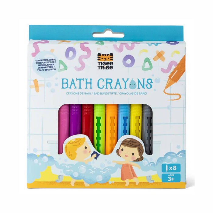 Packaging of Tiger Tribe bath crayons with colorful crayon illustrations on a white background.