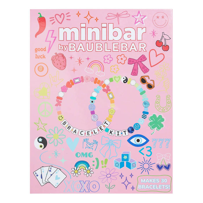 Minibar by Baublebar bracelet kit packaging with colorful designs on a pink background.