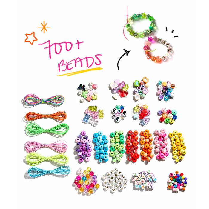 Colorful beading supplies including beads, strings, and completed bracelets on a white background.