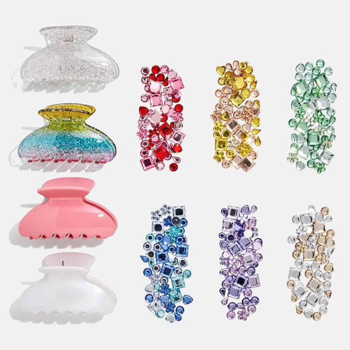 Contents of craft kit with 4 claw hair clips and gemstones in various shapes, sizes, and colors, on a white background.