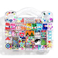 Bracelet making kit with various colorful beads and charms in a clear organizer case, top view, on a white background.