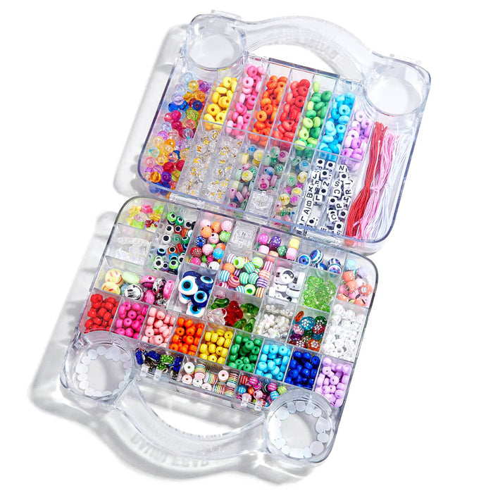 Colorful bead set in a clear plastic organizer on a white background.