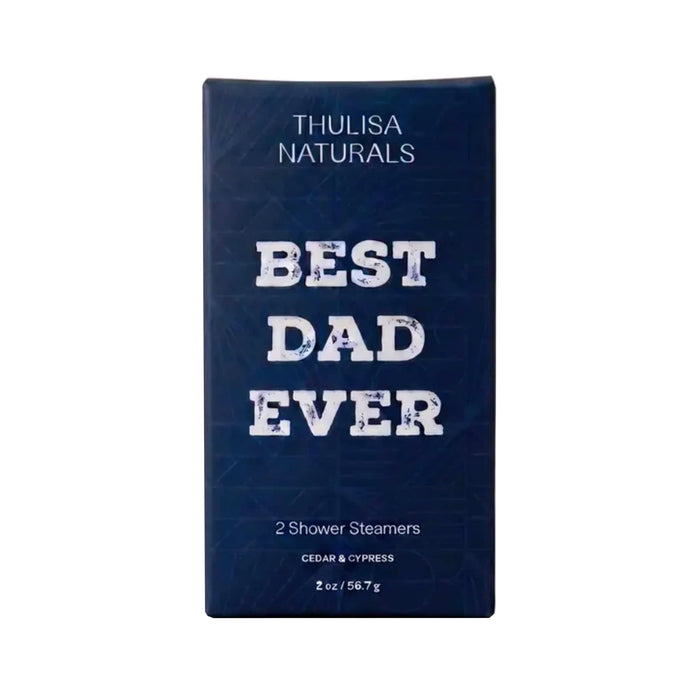 Front of navy blue box of Thulisa Naturals cedar and cypress scented shower steamers with 'Best Dad Ever' text, on a white background.