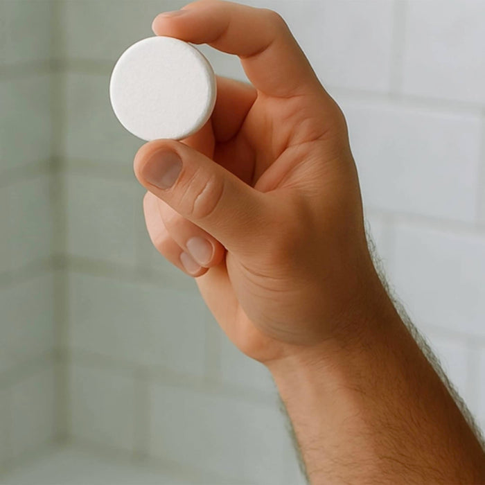 Hand holding a round white shower steamer against a neutral background.