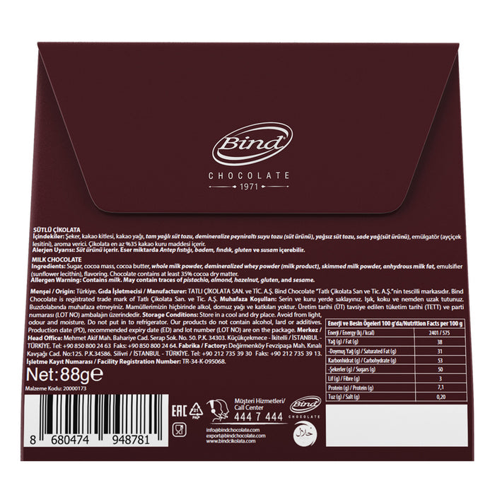 Enjoy the smooth and creamy taste of Bind Milk Chocolate, a classic Turkish-style milk chocolate bar made with quality cocoa and rich dairy ingredients.