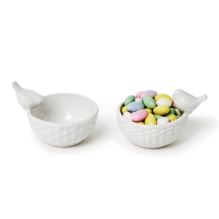 Two's Company Bird and Basket Tidbit Dish in 2 designs, one with candied almonds.