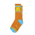 Orange socks with blue heel, toe, and stripes with yellow text 'BIRD NERD' on a white background.