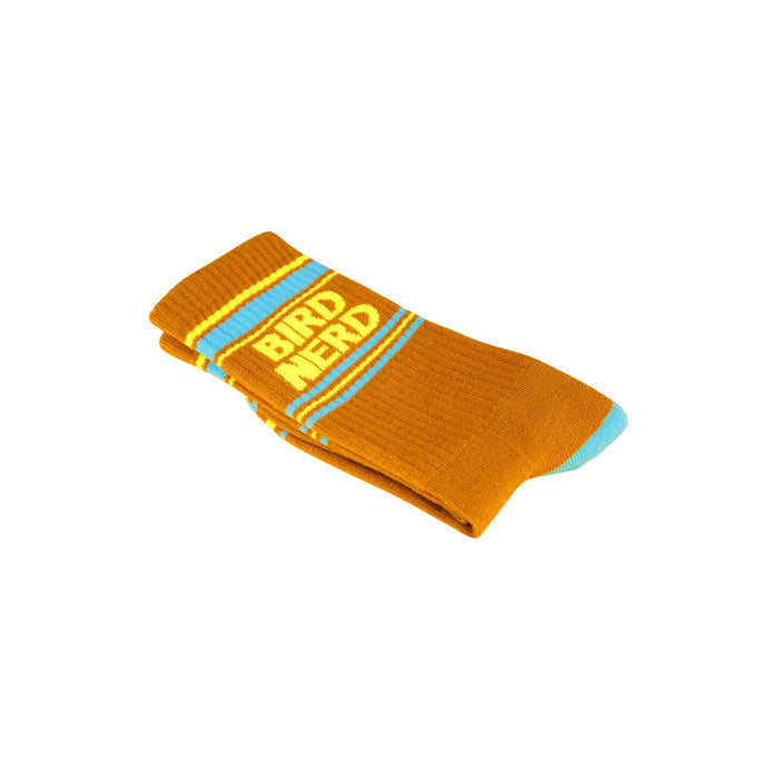 Orange socks with blue heel, toe, and stripes with yellow text 'BIRD NERD,' folded on a white background.