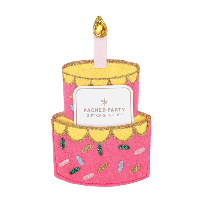 Pink cake-shaped felt gift card holder with a candle and 'Packed Party' card on a white background.