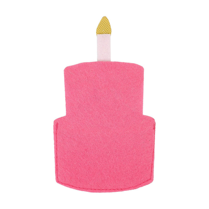 The solid pink felt back of a birthday cake-shaped gift card holder, on a plain white background.
