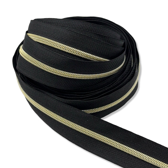Black | #3 Light Gold Zipper by the Yard - 5 Yard Singles