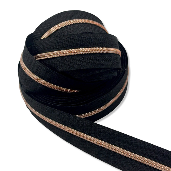 Black | #3 Rose Gold Zipper by the Yard - 5 Yard Singles