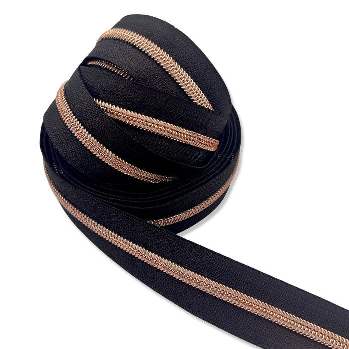 Black | #5 Rose Gold Zipper by the Yard - 5 Yard Singles