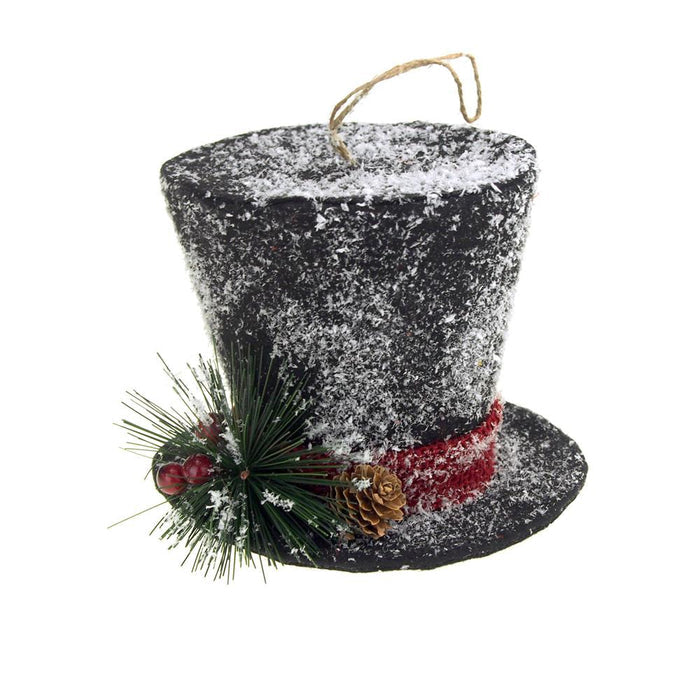 Black Hanging Top Hat with Snow Christmas Decoration, 5-Inch