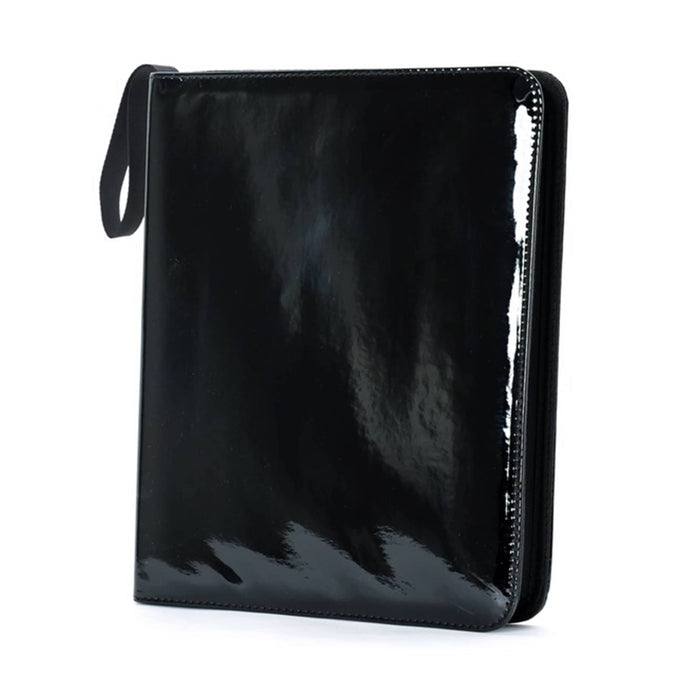 A holographic black vinyl zip-around trading card and mini print binder with a wrist strap, front view shown on a plain white background.