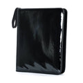 A holographic black vinyl zip-around trading card and mini print binder with a wrist strap, front view shown on a plain white background.