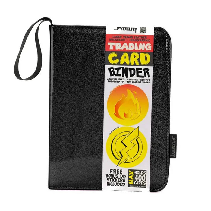 A holographic black vinyl zip-around trading card and mini print binder with a wrist strap, front view with bellyband packaging, shown on a plain white background.