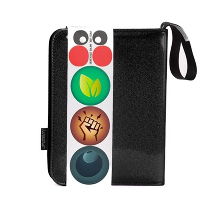A holographic black vinyl zip-around trading card and mini print binder with a wrist strap, back view with bellyband packaging, shown on a plain white background.