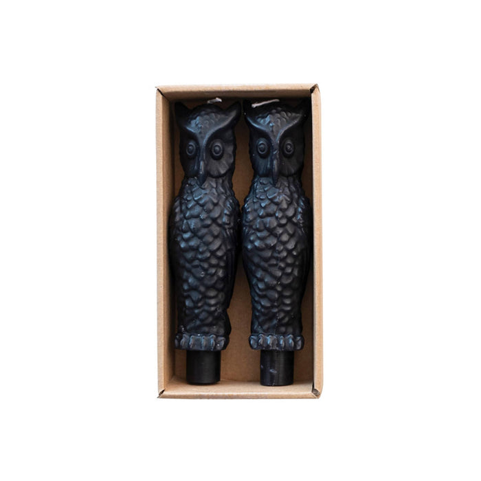 Creative Co-op Black Owl Unscented Taper Candles, set of 2 in kraft box packaging.
