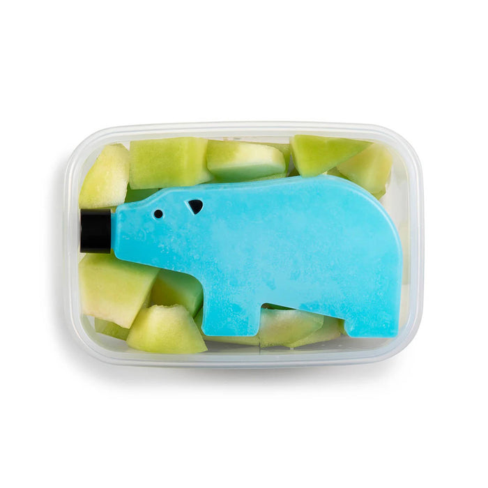 Blue bear cub shaped slim ice pack in a clear plastic container with melon pieces on a white background.