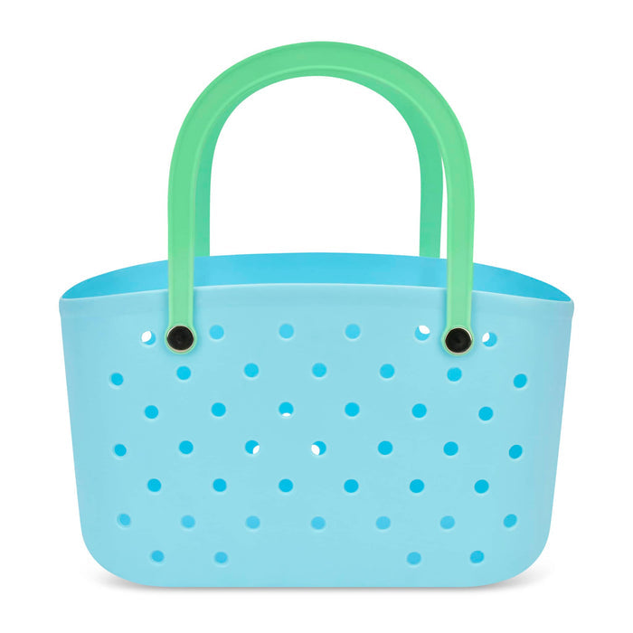 Light blue perforated basket with green handles, front view, on a white background.