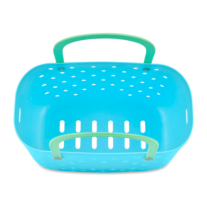 Light blue perforated basket with green handles, overhead view, on a white background.