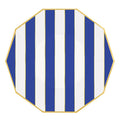 Decagonal plate with blue and white vertical stripes and gold rim, on a white background.