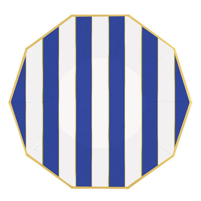 Decagonal plate with blue and white vertical stripes and gold rim, on a white background.