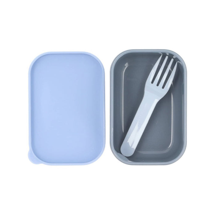 Blue kids bento lunch box, small inner box, lid off with fork inside, overhead view on a white background.