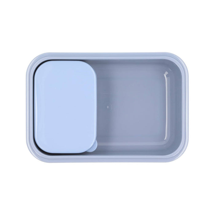 Blue kids bento lunch box, inner small box with lid nestled into larger outer box, overhead view on a white background.