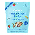 Bocce's Fish & Chips Recipe crunchy biscuits packaging on a white background.