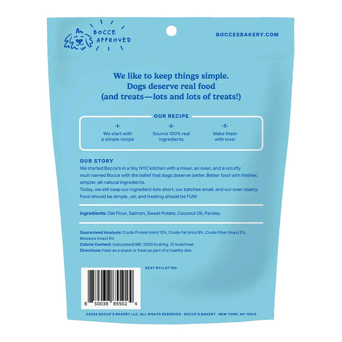 Bocce's Fish & Chips Recipe crunchy biscuits packaging, back with ingredients and nutritional info, on a white background.