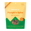 Pumpk'n spice soft & chewy dog treats in golden yellow resealable pouch front view with an illustration of green hills with green trees and a pumpkin shaped cutout showing treats inside.