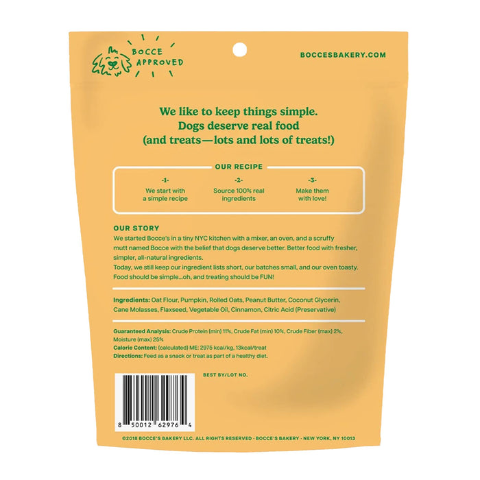 Pumpk'n spice soft & chewy dog treats in golden yellow resealable pouch back view with ingredients and nutritional information.