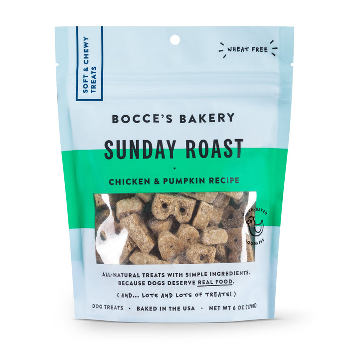 Bocce's Bakery Sunday Roast chicken and pumpkin soft and chewy all natural dog treats in packaging front.
