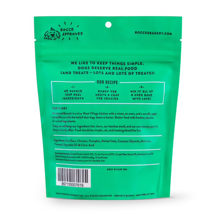 Bocce's Bakery Sunday Roast chicken and pumpkin soft and chewy all natural dog treats in packaging back.