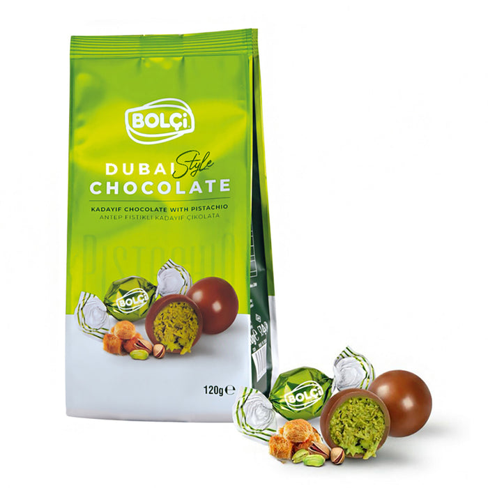 Bolci Dubai Chocolate Pistachio Kadayif Filled Bar brings together the richness of smooth milk chocolate, crunchy roasted kadayif strands, and premium Antep pistachios in one elegant treat.