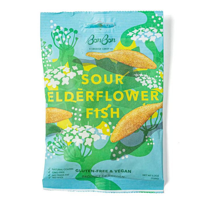 BonBon NYC Sour Elderflower Fish swedish gummy candy in blue packaging, front view.