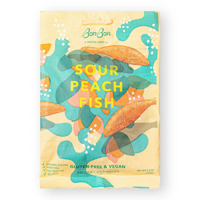 BonBon NYC Sour Peach Fish swedish gummy candy in orange packaging, front view.