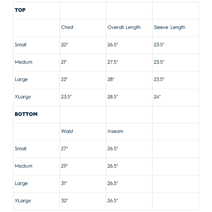 Size chart for pajamas with measurements in inches.