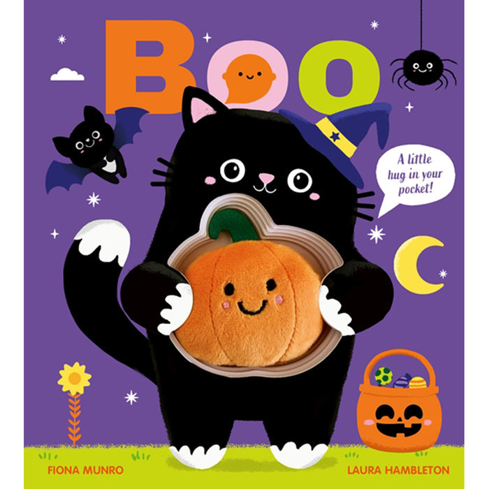 Children's board book cover titled 'BOO' by Fiona Munro and Laura Hamilton, featuring a black cat in a witch hat hugging a smiling orange pumpkin on a purple background with Halloween illustrations.