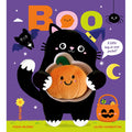 Children's board book cover titled 'BOO' by Fiona Munro and Laura Hamilton, featuring a black cat in a witch hat hugging a smiling orange pumpkin on a purple background with Halloween illustrations.