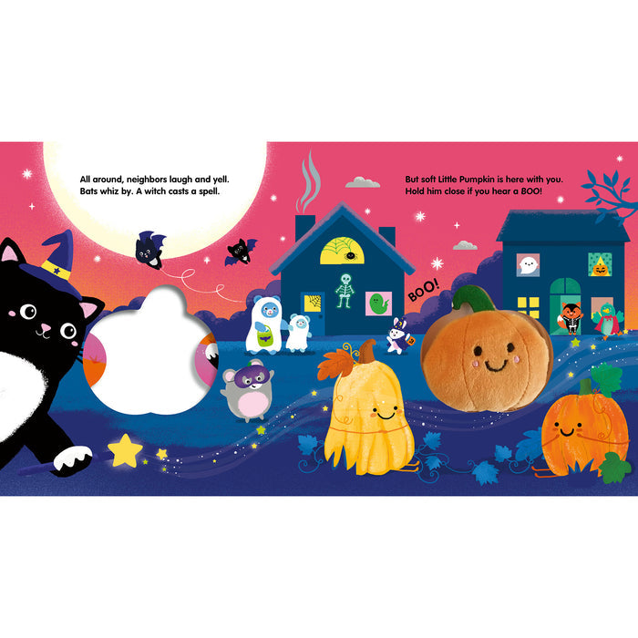 A colorful children's board book or activity book spread featuring Halloween-themed illustrations: a black cat, glowing houses, pumpkins, ghosts, a witch, stars, and text bubbles on a pink-to-purple background.