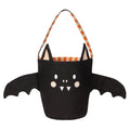 Danica Boo Crew black bat fabric bucket basket front view with outstretched wings and orange striped fabric lining.