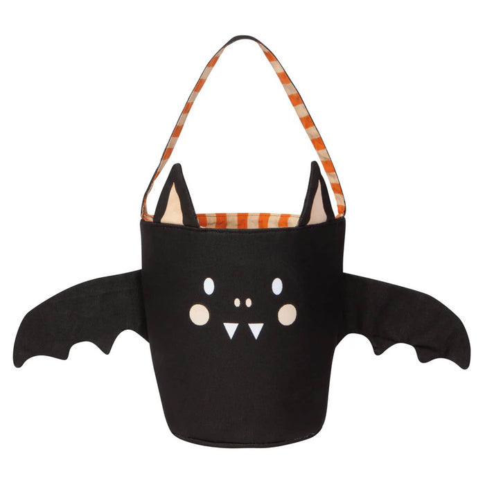 Danica Boo Crew black bat fabric bucket basket front view with outstretched wings and orange striped fabric lining.